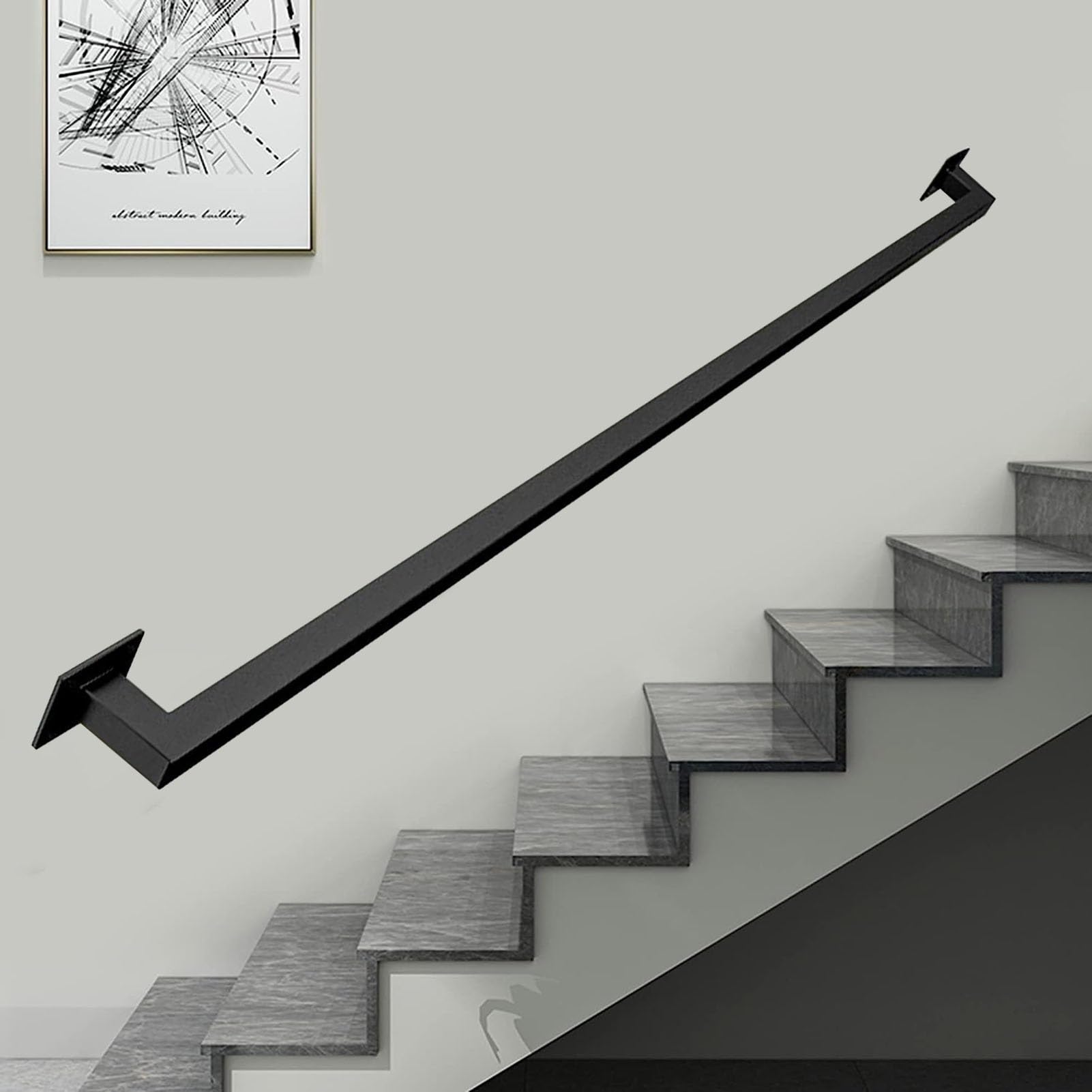 Kit barra di sostegno corrimano scale con tubo quadrato, corrimano industriale in ferro zincato supporto da parete for scale, ringhiera for ringhiera(Black,2ft/60cm)