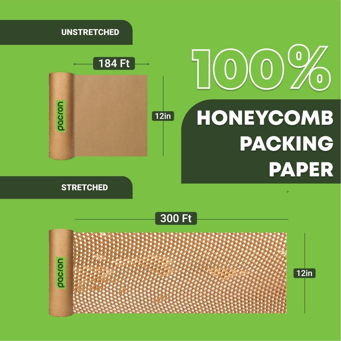 Hexigo Honeycomb Packing Paper Roll - 12"x300' Recyclable Brown Kraft Paper for Wrapping & Packing - Eco-Friendly Expanded Packing Paper in Self-Dispensed Box For Dishes & Kitchen Essentials