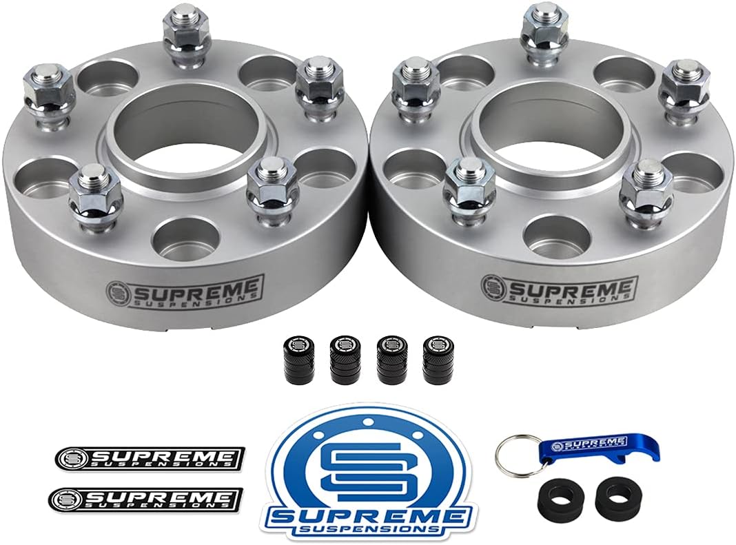 Supreme Suspensions - 2pc Set [Silver] 2" Hub Centric Wheel Spacers for Jeep Wrangler JK, Commander, Grand Cherokee WJ WK [BP: 5x5 / CB: 71.5mm / Studs: 1/2" x20] - 4 Tire Valve Caps Included