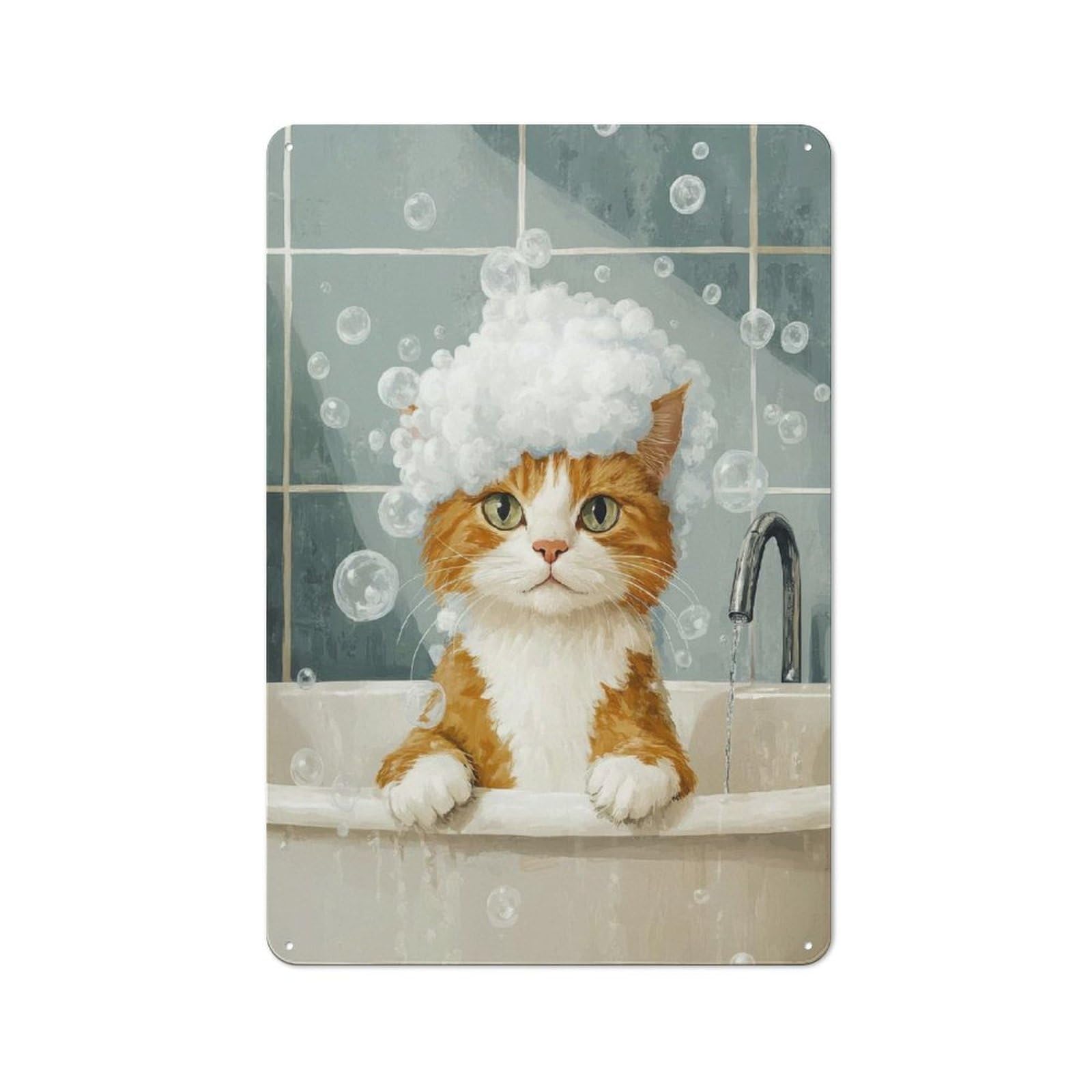 Junmoney Style-21 Tin Sign With Cat In A Bubble Bath Design 30X20cm, Creative Creative Space Decor For Home Office, Reading Corner Or Bedroom
