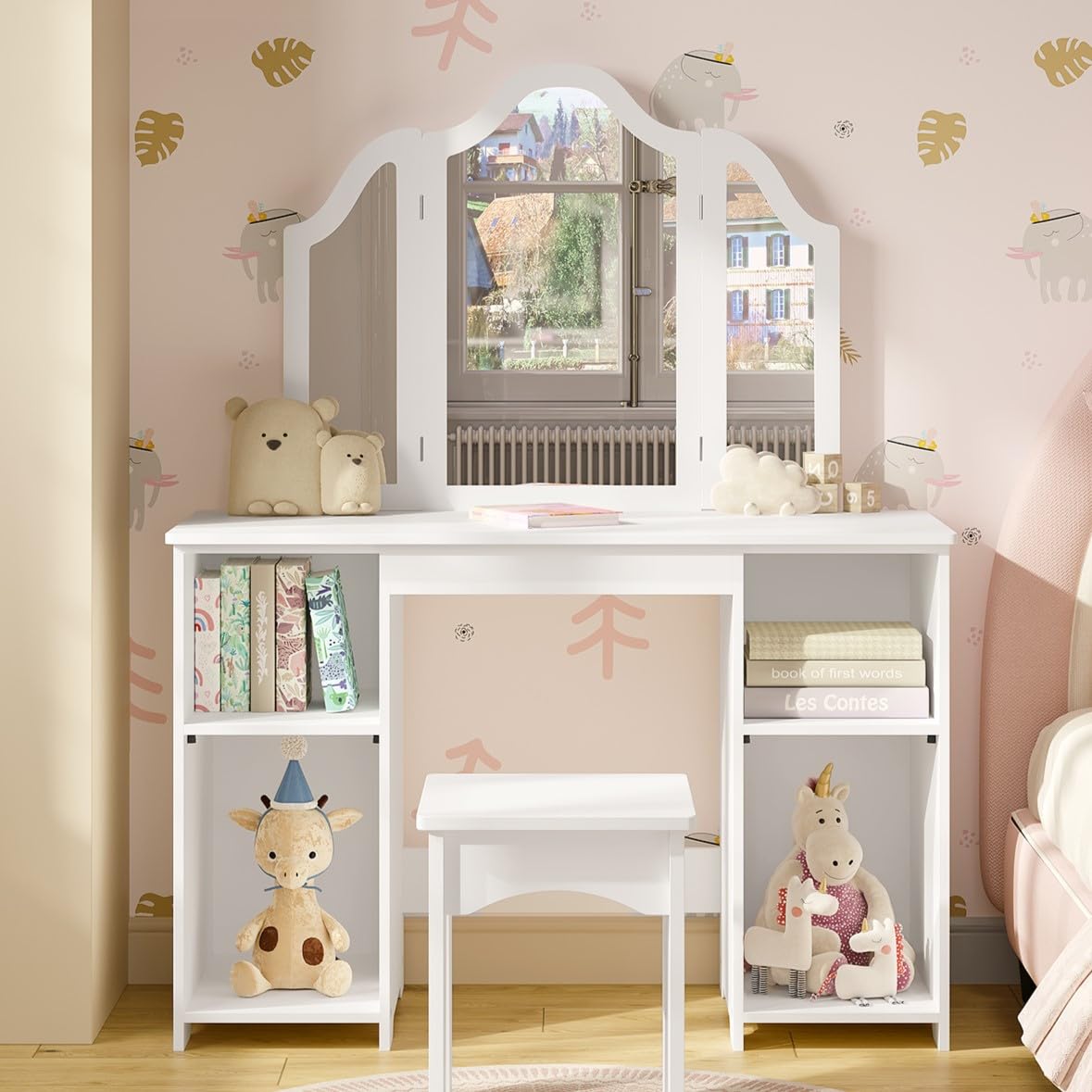 WOLTU Kinder Schminktisch mit Hocker Spiegel, Abnehmbarer Dreifachspiegel, Kleiner Frisiertisch mit 4 offenen Fächern, verstellbare Einlegeböden, Mädchen Kosmetiktisch, weiß, MDF, MB6120ws