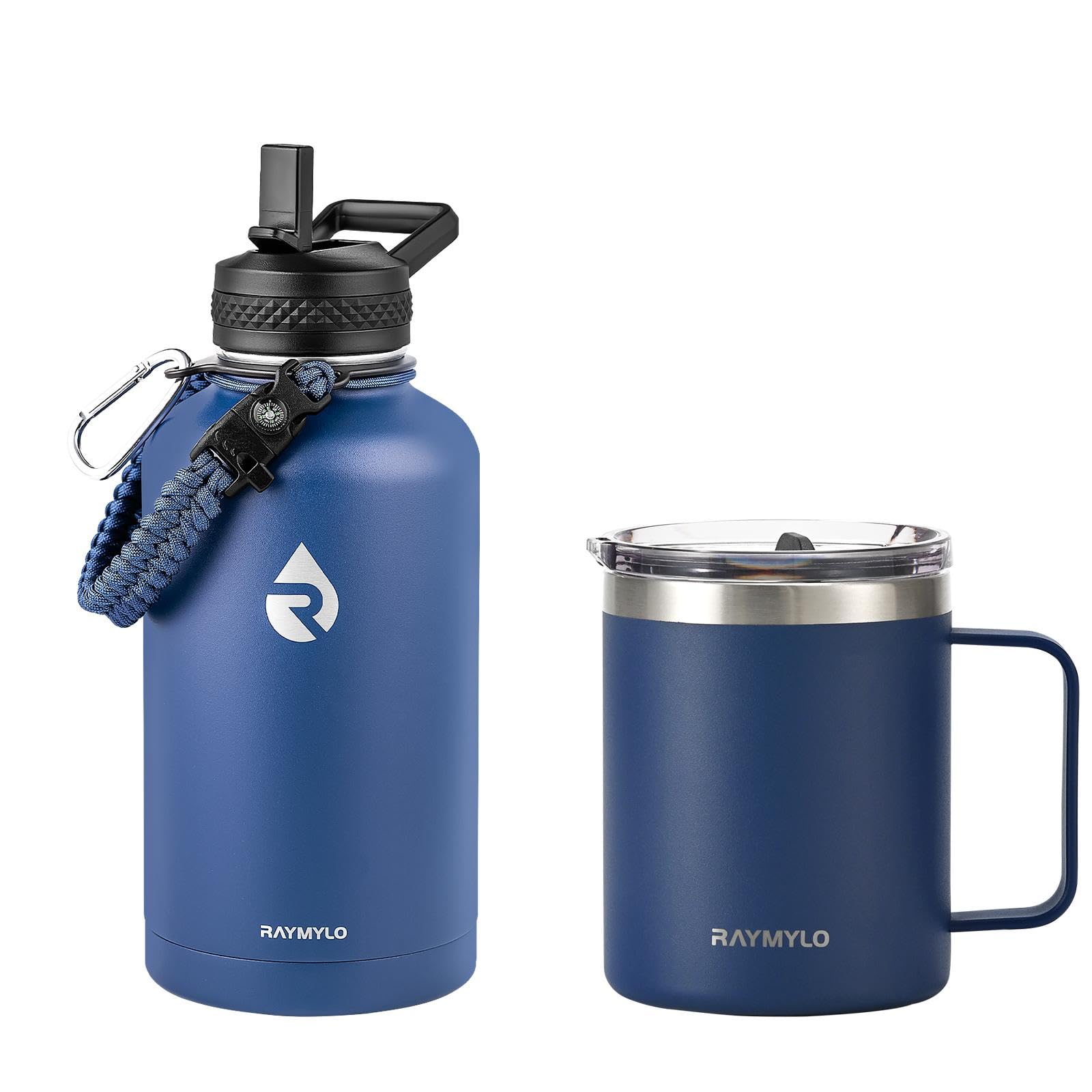 RAYMYLO Insulated Water Bottle 64oz (Navy Blue) + Insulated Coffee Mug 12oz (Navy Blue)