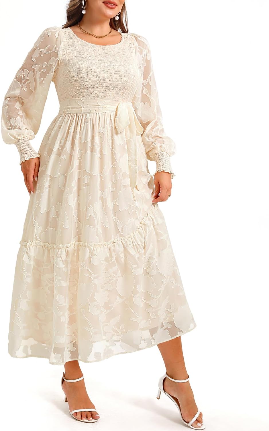Pinup Fashion Plus Size Fall Dress - 2025 Wedding Guest Long Sleeve Floral Lace Long Dress with Belt - Image 3