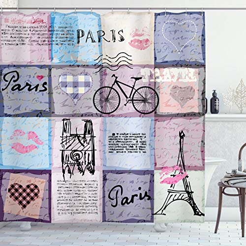 ABAKUHAUS Paris Rideau de Douche, Tour Eiffel Love Letter, Tissu Ensemble de Décor de Salle de Bain avec Crochets, 175 cm x 200 cm, Multicolore