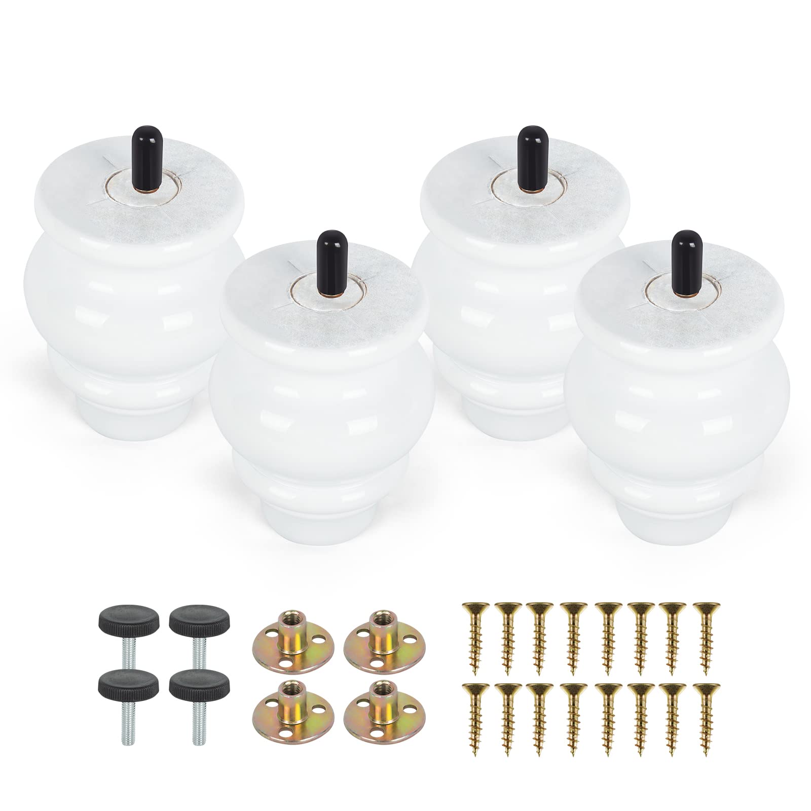 3.5 Inch Wooden Furniture Legs, CIN&GO 4PCS Gourd Shape Wood Sofa Legs Spindle Replacement Bun Feet with Pre-Drilled 5/16 Inch M8 Bolt & Mounting Plate & Screws for Couch Table Sofa Cabinet. (White)