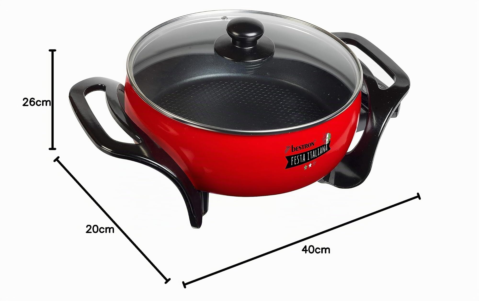 Bestron Sartén multifunción XL con tapa de cristal italiana antiadherente 1500 W, color rojo y negro