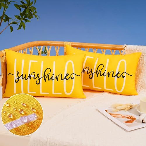 DFXSZ Outdoor Pillow Covers Set of 2 Hello Sunshine Decor Waterproof Throw Pillow Covers Summer Outdoor Waterproof Pillow Covers Decor for Patio Funiture Garden Sofa Couch 12x20 Inch