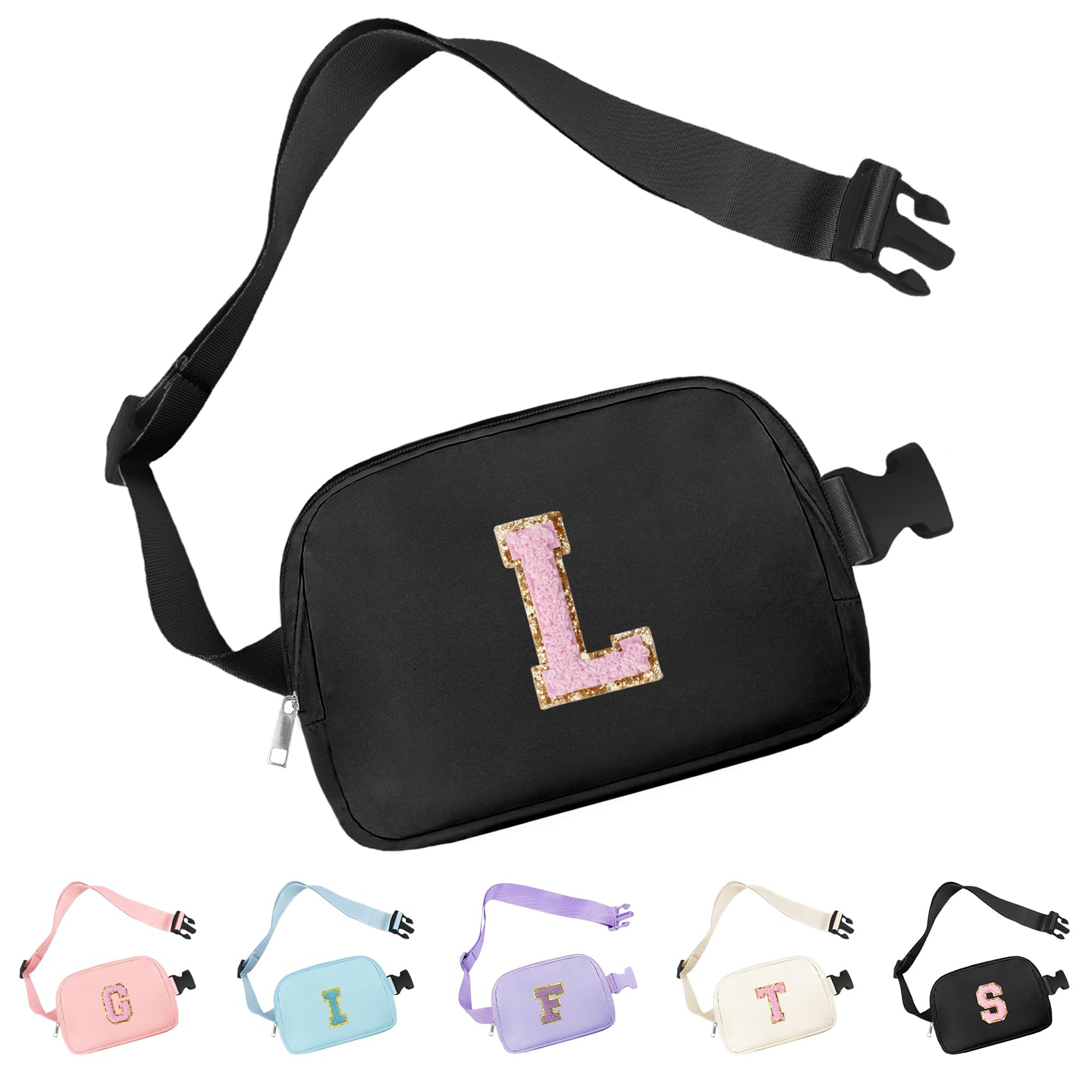 Aganmi Chenille Letter Crossbody Bags for Women Trendy, Waterproof Fanny Packs for Travel Essentials, Initial Letter Belt Bag with Multiple Inner