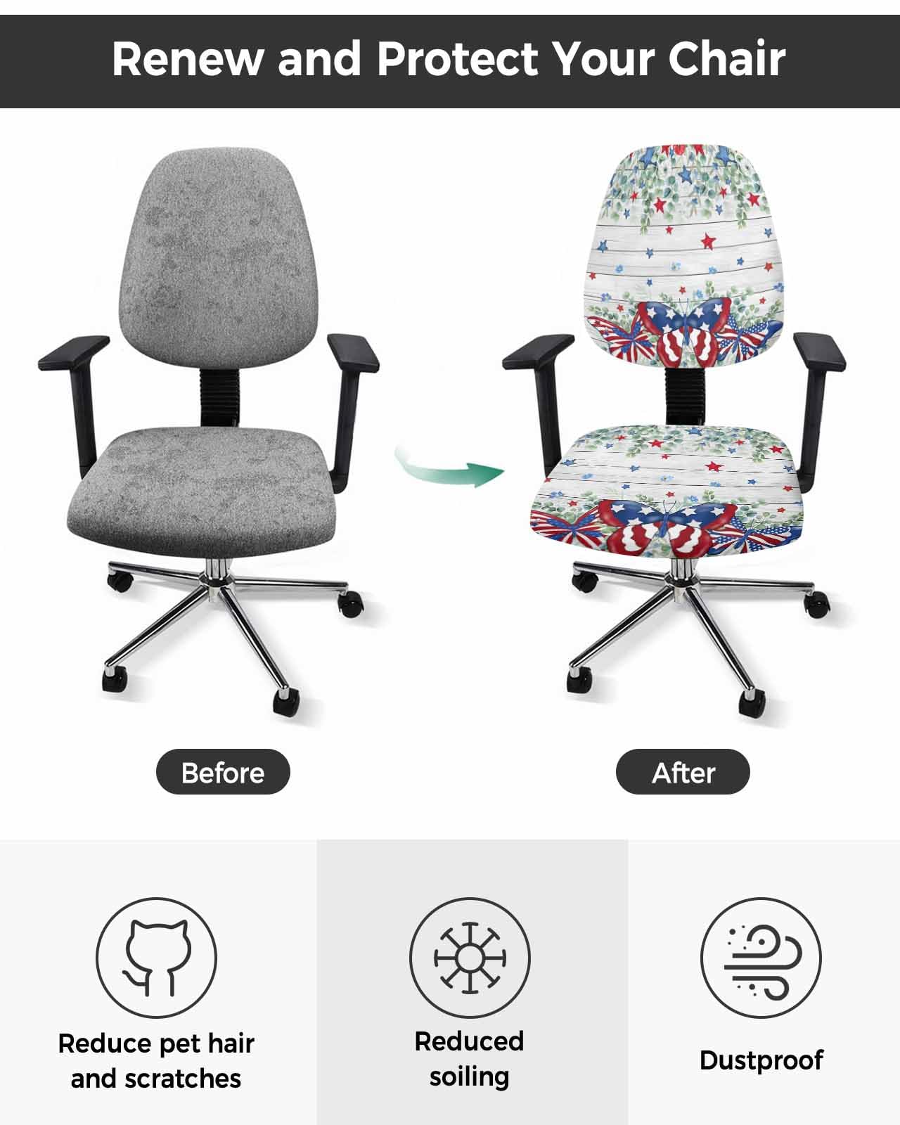 4th of July 2 Pieces Computer Office Chair Covers Set,Stretchable Desk Rotating Chair Seat Cushion Slipcover Back Covers,American Flag Star Butterfly Eucalyptus Leaf Slipcover Back Cover Protector