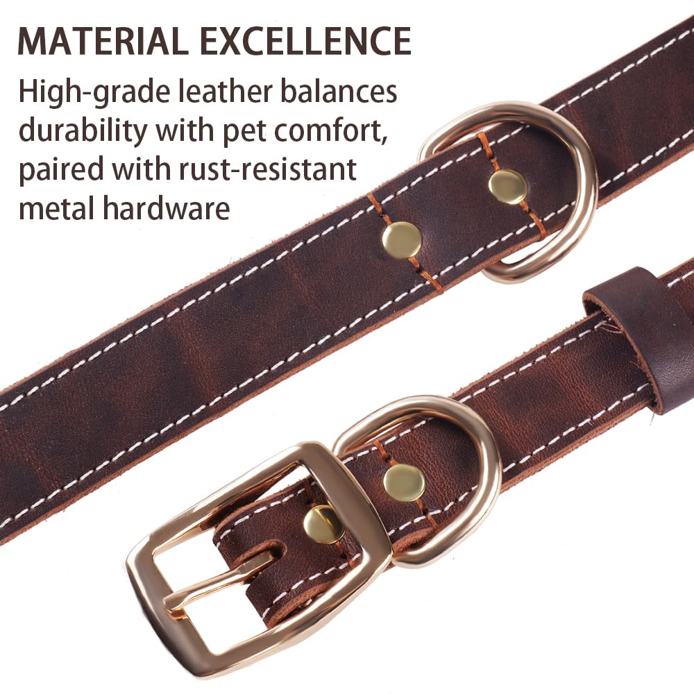 Heavy Duty Genuine Leather Dog Collar, Adjustable Brown Design, Soft and Strong with Metal Buckle and D-Ring for Small Medium - Image 3