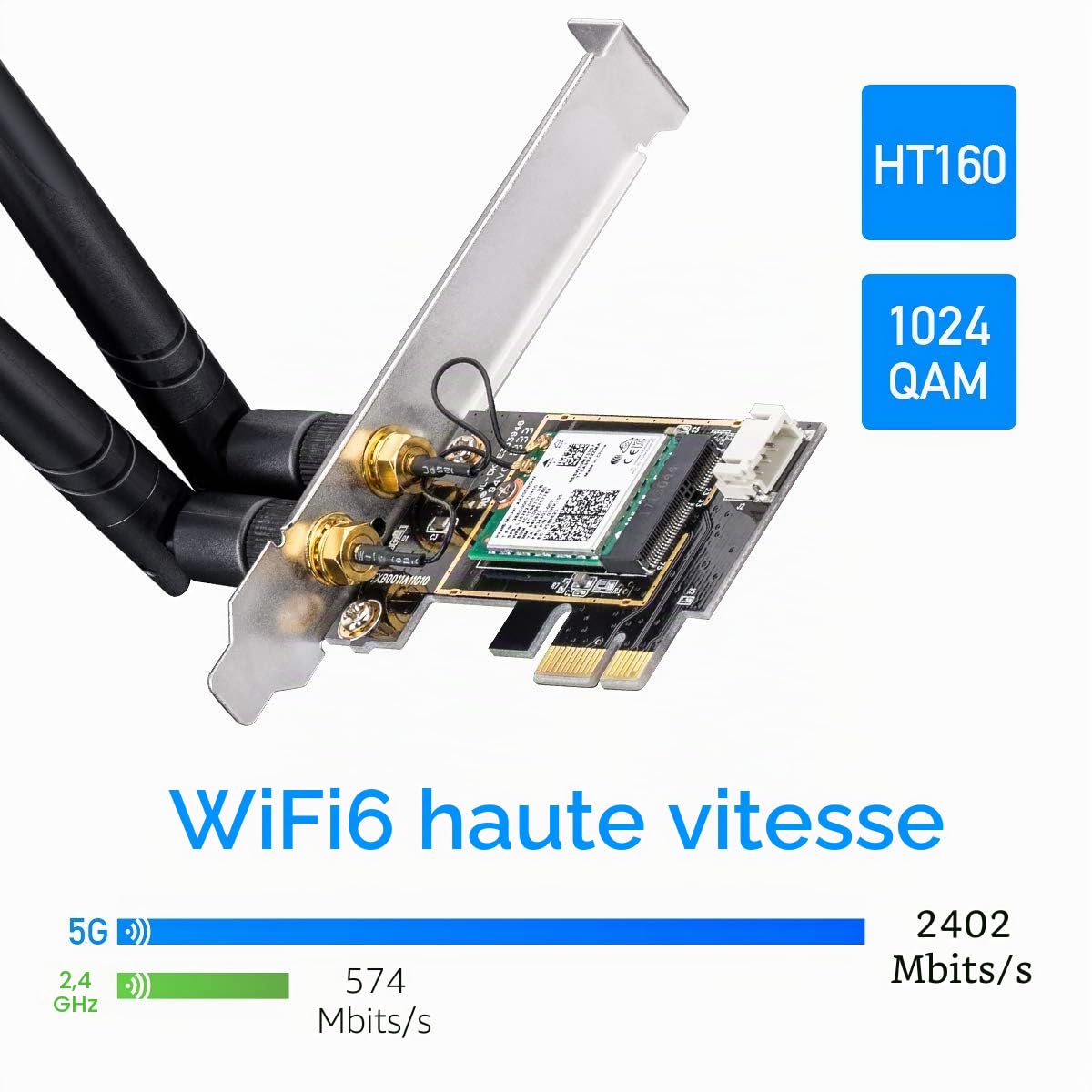 Cudy WE3000 Ax3000 Carte WiFi 6 PCIe pour PC, 2402Mbps + 574Mbps, AX200, OFDMA, Bluetooth 5.0/4.2/4.0, Windows 10 | Support Win10/11 64-bit; 2.4/5GHz Double Bande 2402+574 Mbps; 1024-QAM Tech; WPA3 Sécurité; MU-MIMO OFDMA; Deux 5dBi Antennes