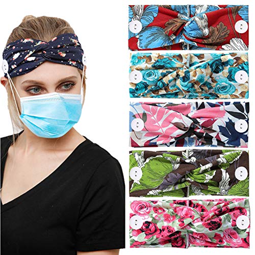 Women Headbands, Elastic Headbands with Buttons, Headbands with Buttons for Women Men, Non Slip Hair Bands for Yoga Sports Running (HHNK06-5pcs)