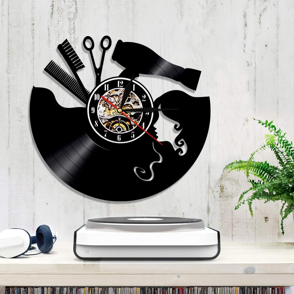 Reloj de pared de vinilo con tema de peluquería con luz nocturna LED, función de reloj de pared, regalo para peluquería