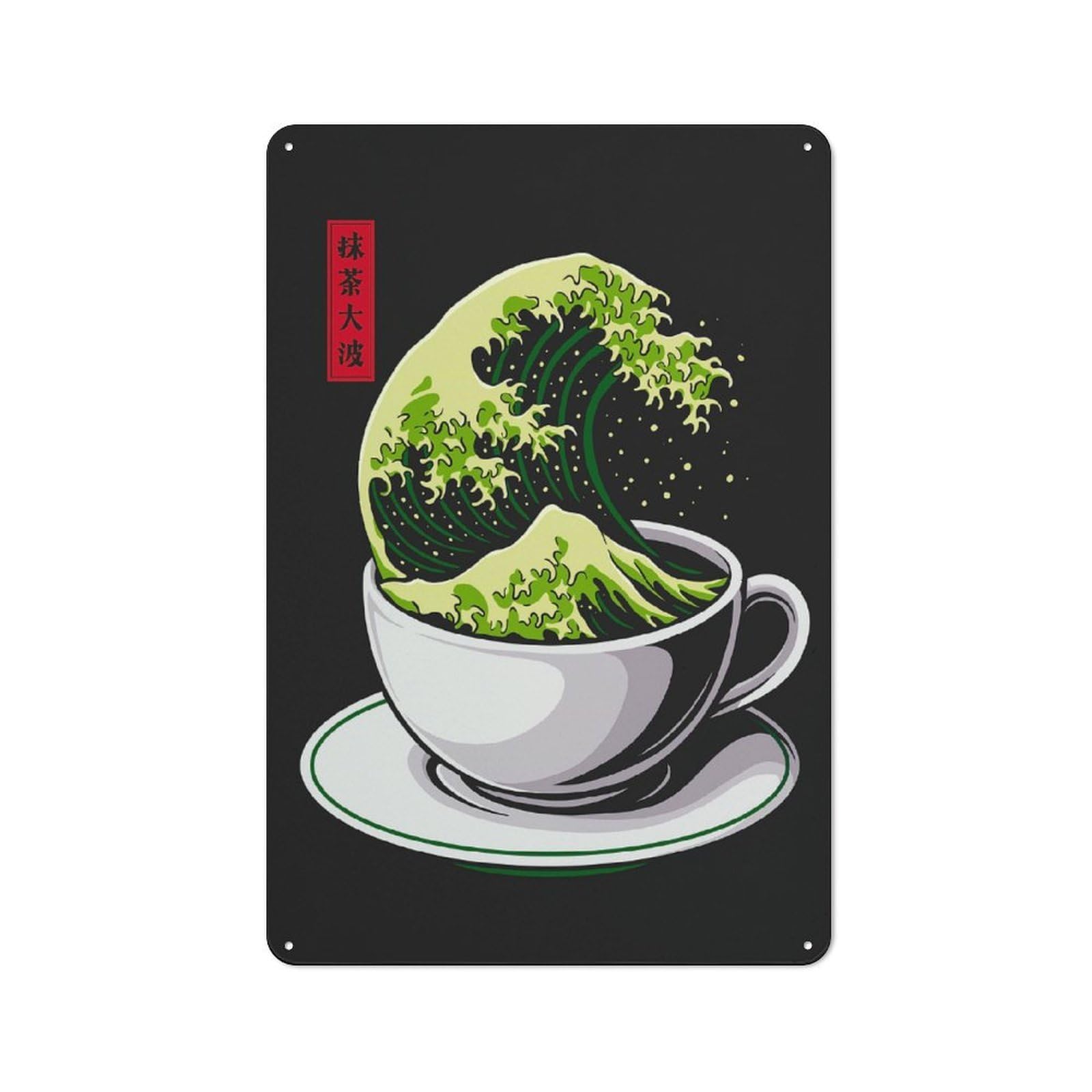 Junmoney Matcha Great Wave Bistro Metal Sign 30X20cm, Vintage Cafe Wall Decor For Takeaway, Bar, Kitchen Or Counter Area