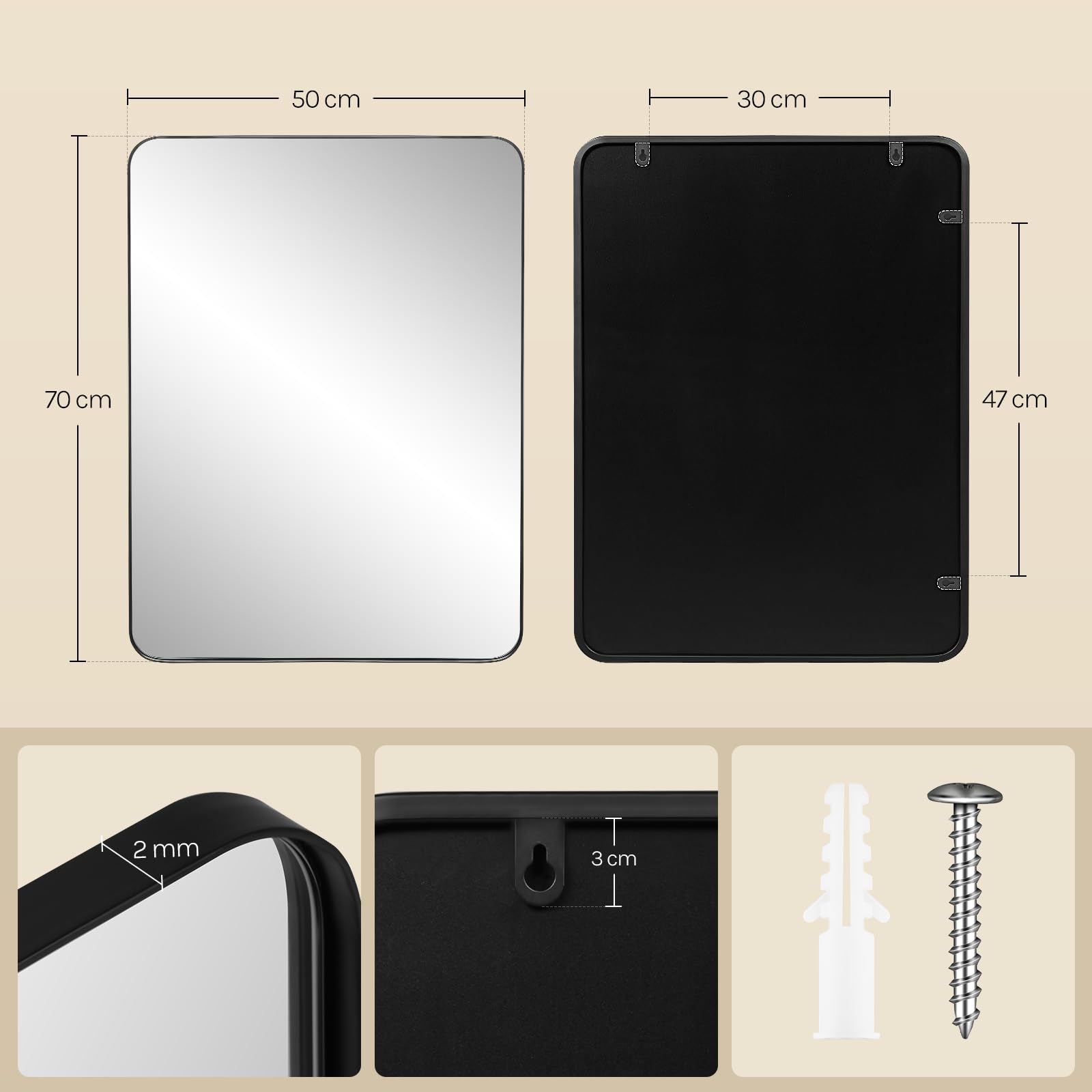 WOLTU Specchio da Parete Rettangolare 50x70 cm, Specchio Bagno Moderno con Pellicola Antischeggia, Cornice in Metallo Nero, Orizzontale e Verticale, per Soggiorno, Camera da Letto, Corridoio