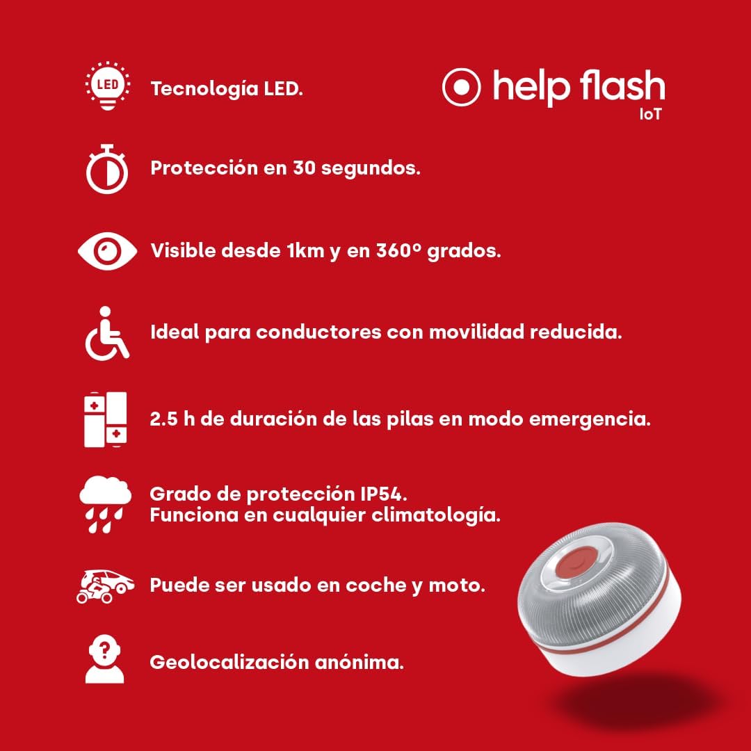 help flash IoT Luz de Emergencia V16 con Geolocalización Pack 2 uds, Exigible a Partir de 2026, Baliza Conectada con DGT 3.0, Señal V-16, para Coches, Aviso Ubicación, con Plan de Datos Incluido
