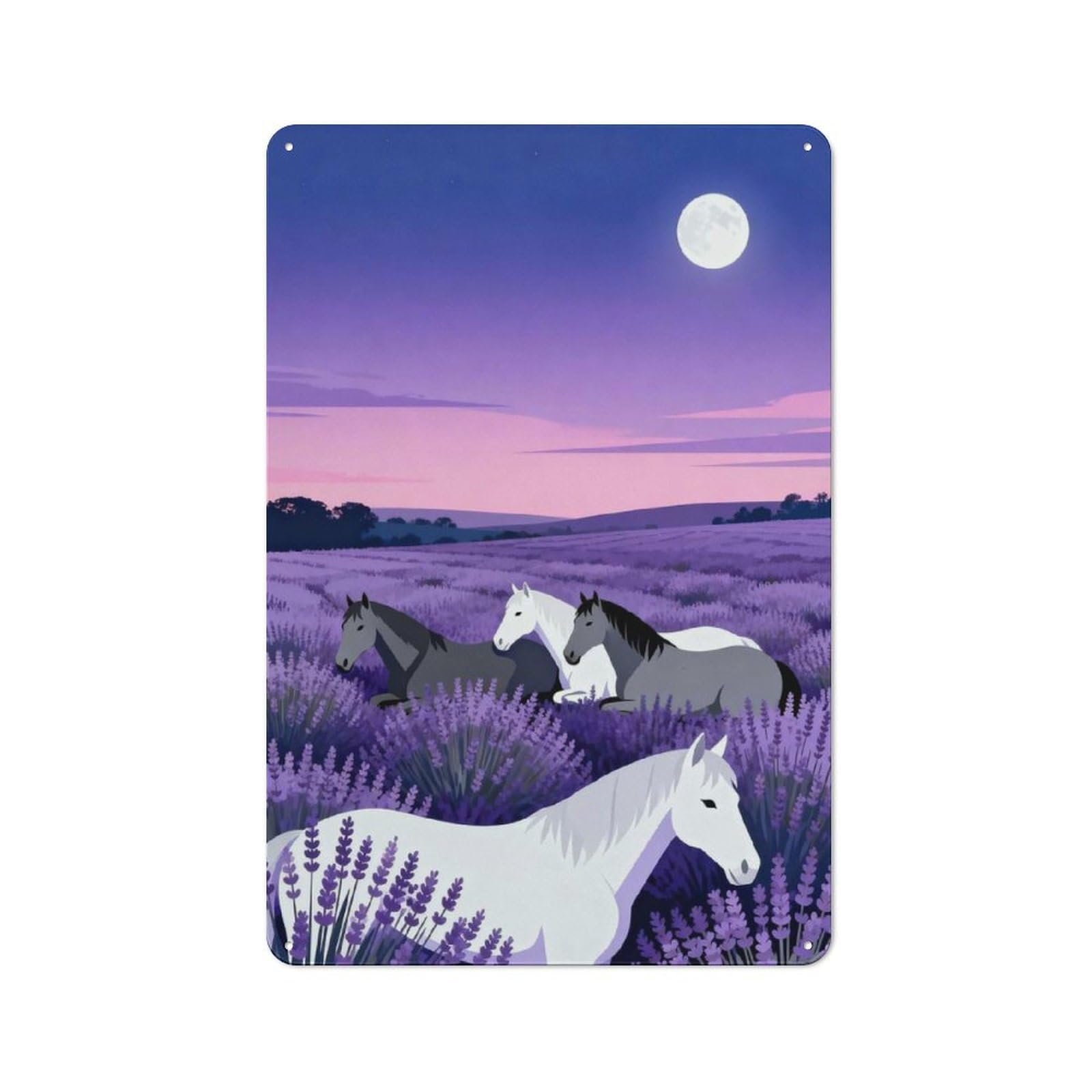 Tin Wall Plaque 30x20cm with Horses in Lavender Field at Night for Garage Wall, for Collectors of Retro Metal Wall Decor
