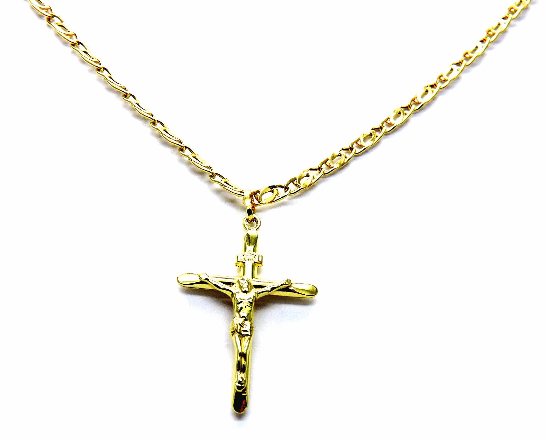 Collana Uomo in Oro Giallo 18kt 750 Catena Pernice Pinzata con Pendente Religioso Croce Gesù Cristo Smussata cm 50