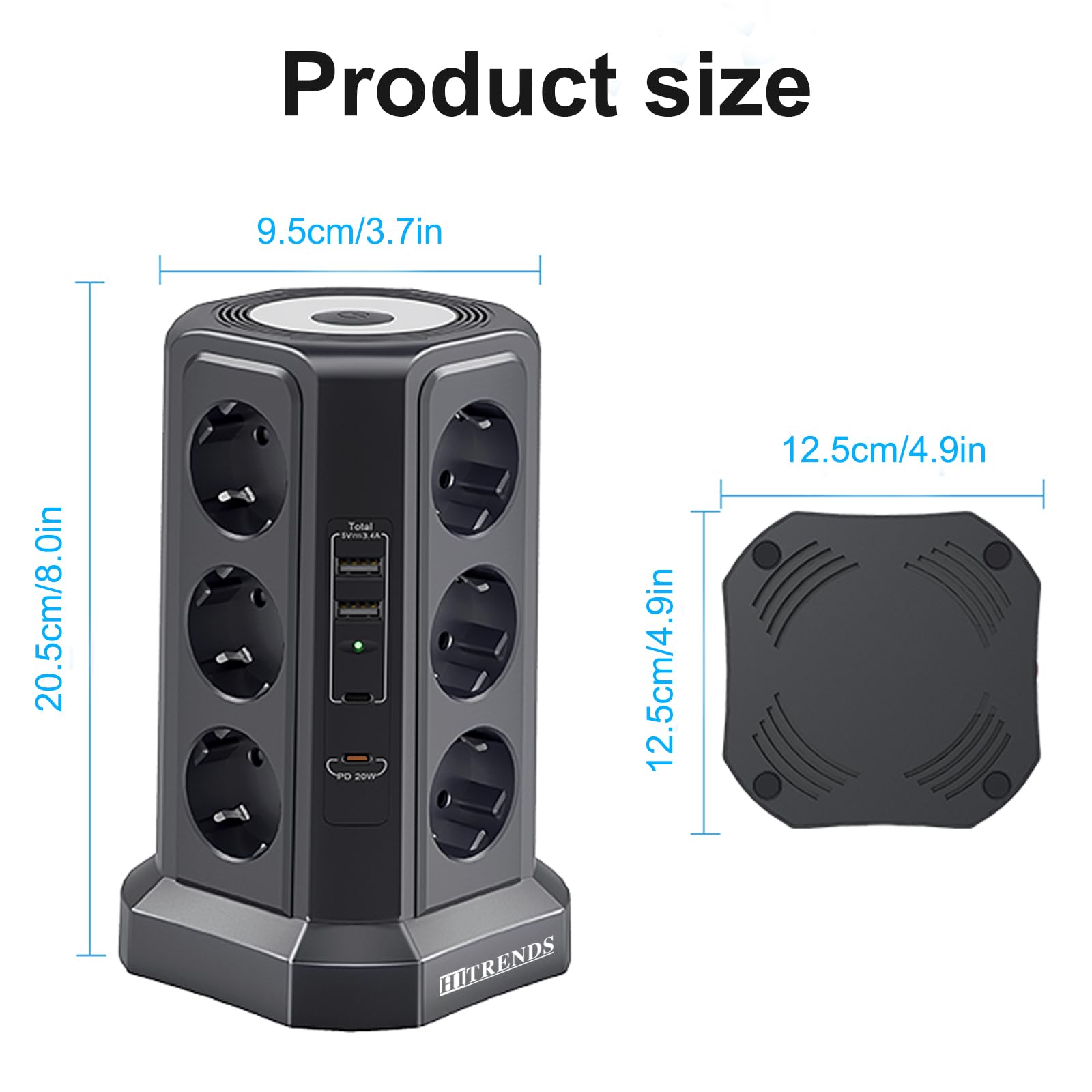 Steckdosenturm, 12 Fach Mehrfachstecker, 4000W Steckdosenleiste Überspannungsschutz, Tischsteckdose mit 2 USB A+ 2USB C(PD 20W), 1.8m Verteilersteckdose mit Einstellbares Nachtlicht (Schwarz)