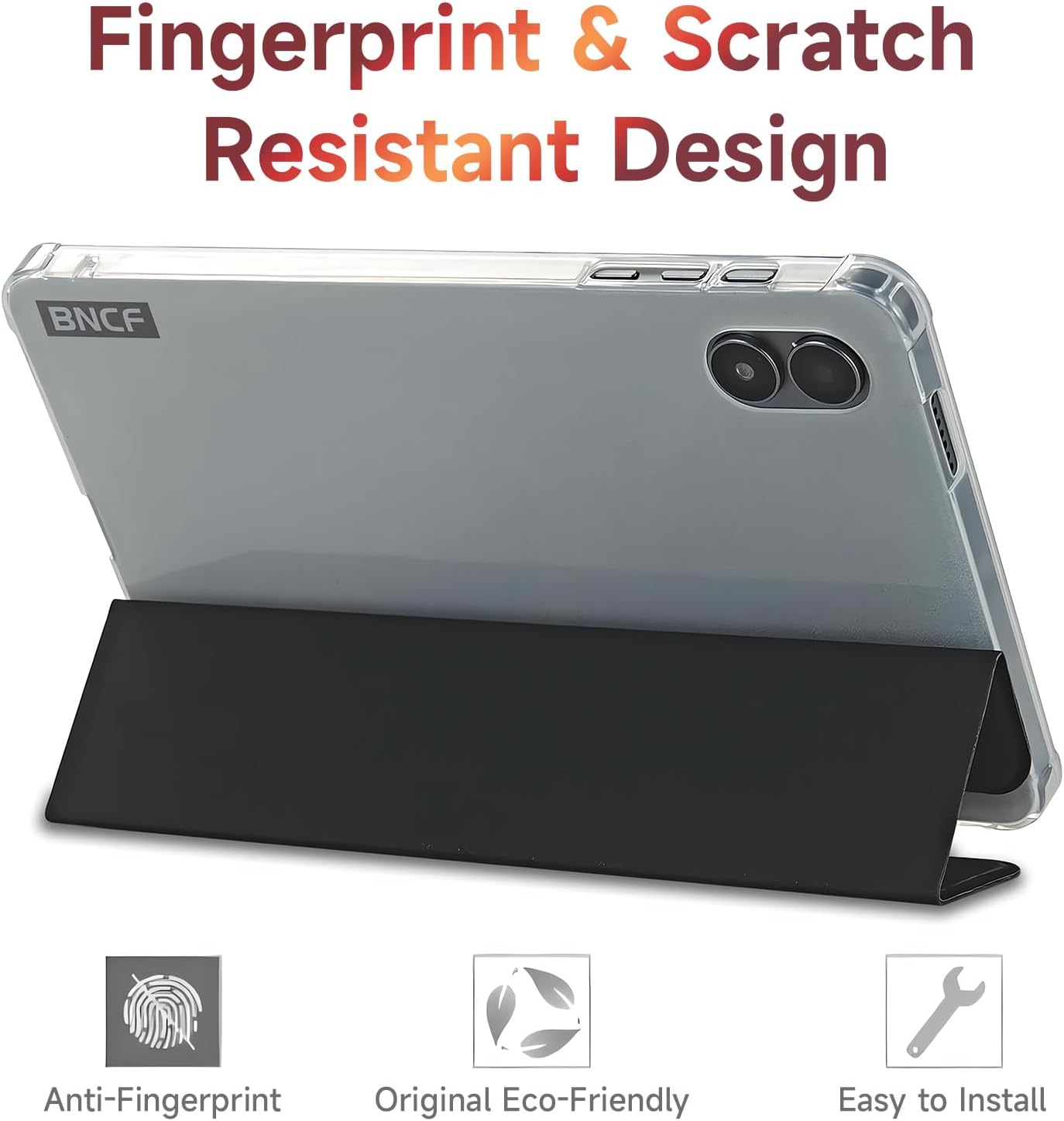 BNCF Bpad Mini tablet case showing fingerprint and scratch resistant design with icons for anti-fingerprint, eco-friendly, and easy to install.
