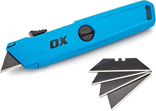 OX Self Retracting Utility Knife with Blade Storage - Includes 5 Blades made of SK5 Steel - Metal Auto Retractable Utility Knife