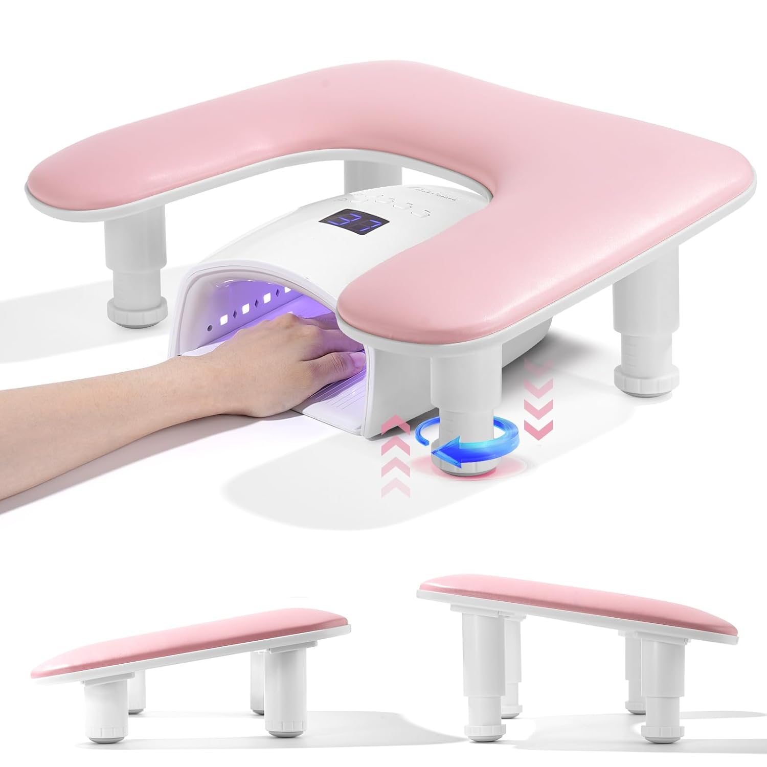 Quaferen 2nd Gen U-Shaped Height Adjustable Nail Arm Rest - Pink PU Leather Manicure Stand for Acrylic Nails & Techs
