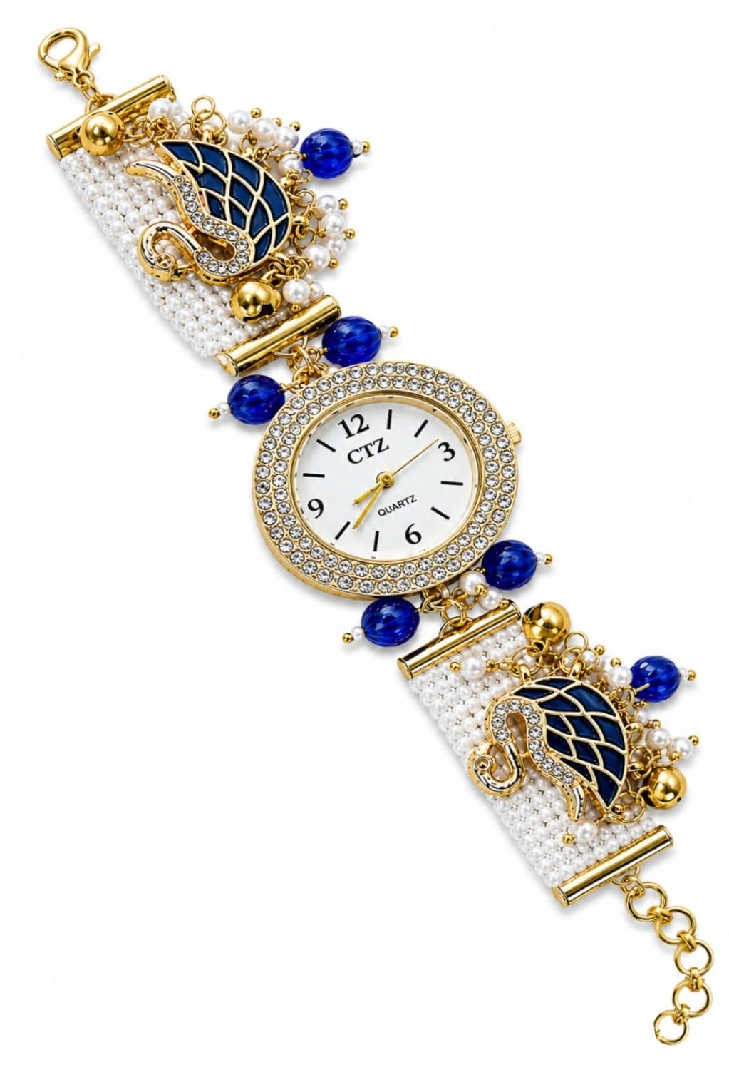 Kashmiri Bracelet Watch for Women | Swan Design Blue Pearl Chain Ethnic Watch | Stylish Adjustable Wrist Watch for Girls | Wedding, Festive, Party & Gift-image-47