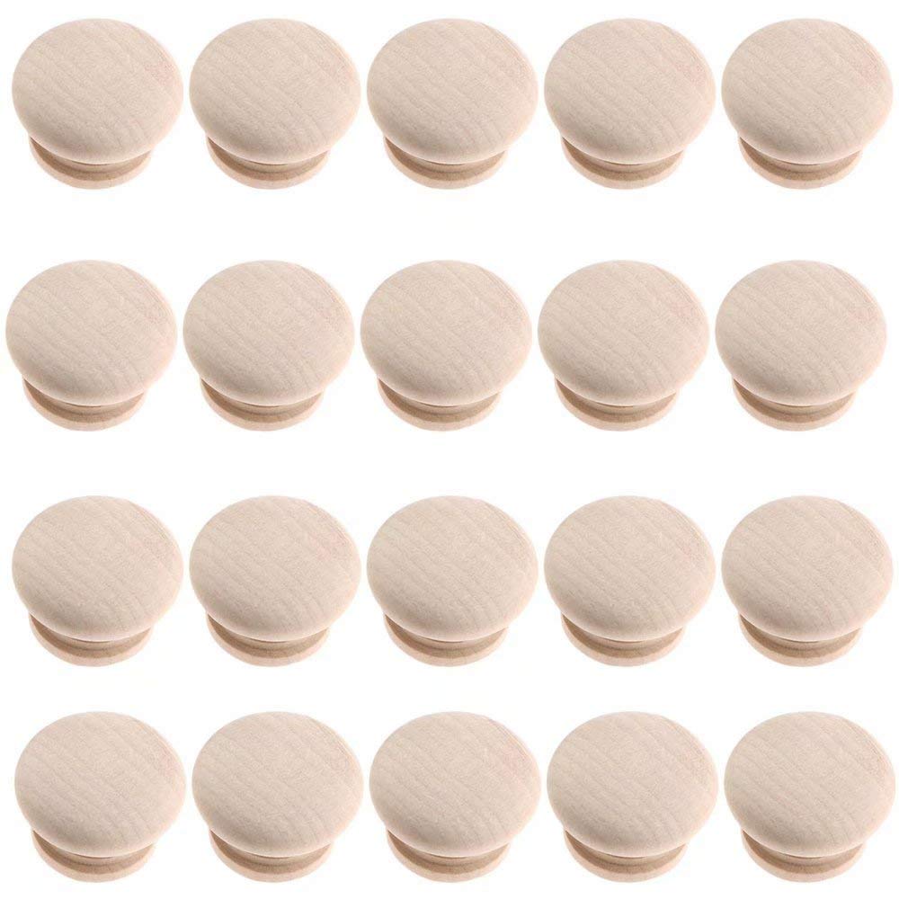 20 pomelli rotondi in legno per mobili, mobili, cassetti, pomelli per cassettiera, forma a fungo, diametro 34 mm, altezza totale 25 mm (naturale non verniciato)