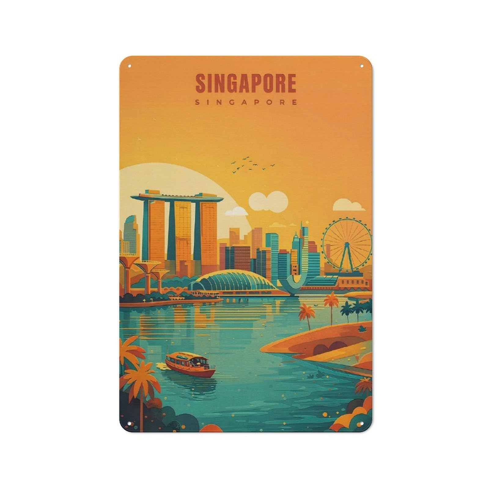 Junmoney Style-16 Metal Wall Sign 30X20cm Featuring Singapore Skyline For Café Or Home Bar, For Collectors Decorating Cafés And Home Bars