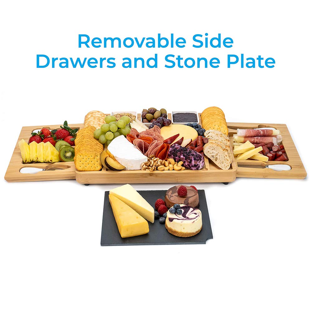 Planche à Fromage en Bambou et Couteau à charcuterie en Bois Plateau à Fromage avec 2 tiroirs coulissants, Cadeaux de Pendaison de crémaillère de Mariage