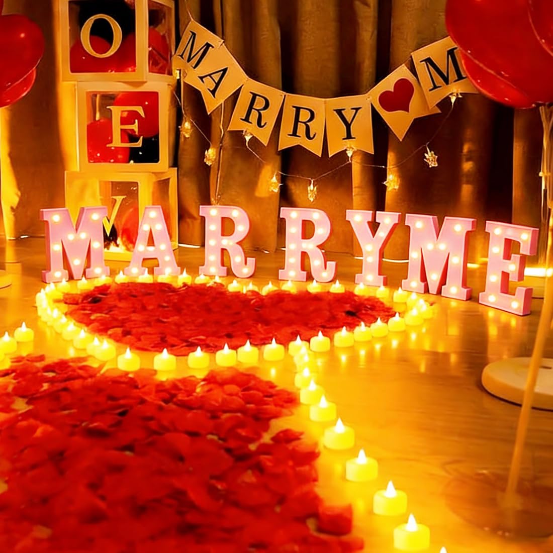 2031Pcs MARRY ME Leuchtbuchstaben als Dekoration für Heiratsanträge, Heiratsantrag Deko mit MARRY ME-Schild+24 Flammenlosen Herzkerzen+2000 Rosenblättern für Verlobung deko Romantische Nachtdekoration