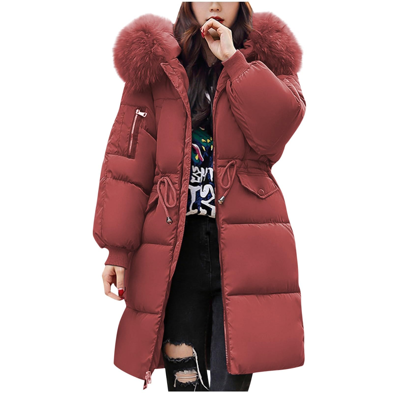 Fjzfxkzl Women's Red Warm Winter Coat For Long Puffer Jacket With Hood Lightweight Quilted Down Thermal Outdoor Parka(,3Xl)