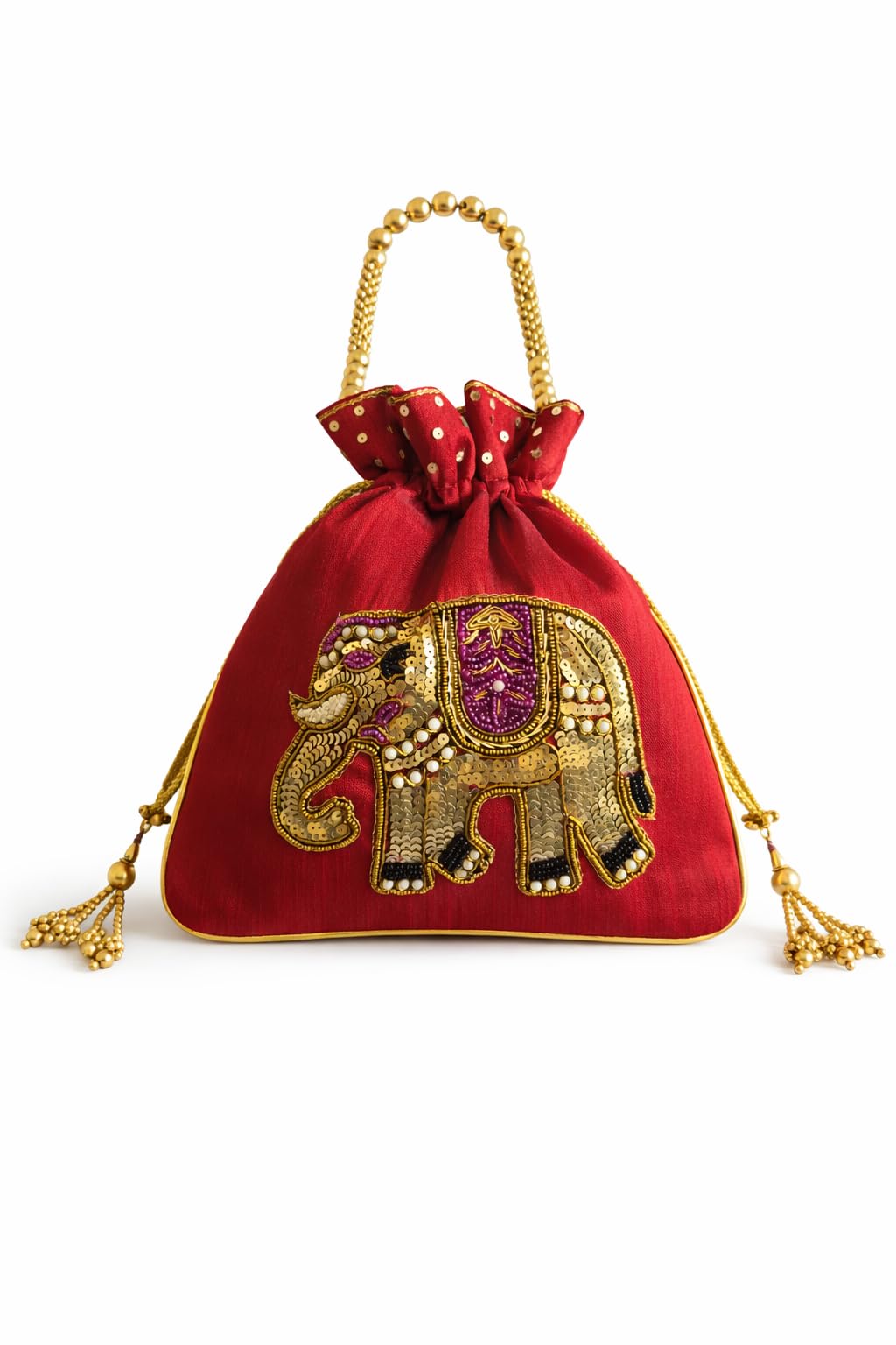 Handcrafted Royal Elephant Embroidered Potli Bag for Women | Raw Silk Bridal Clutch with Golden Beads Handle | Ethnic Wedding Purse for Party, Festive & Gift Use-image-37