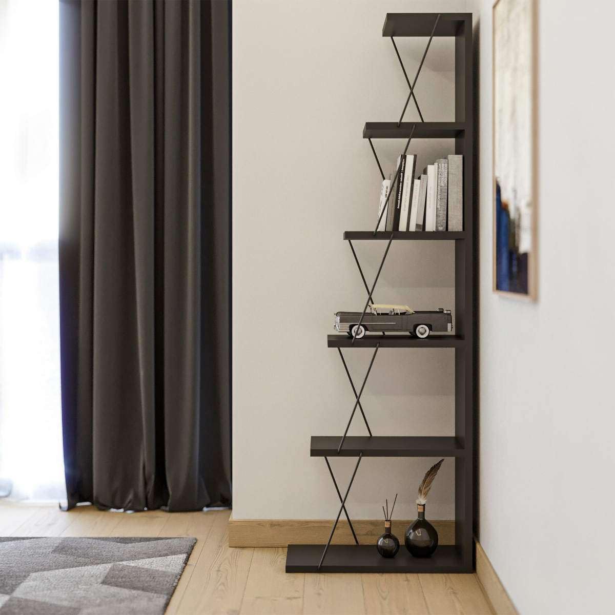 Deconation Bibliothèque étagère De Rangement Bois MDF Mélaminé Anthracite avec Cadre Métal H 150 Cm Industriel