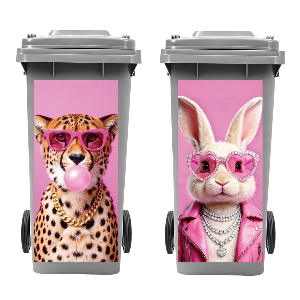 Peacoblue 2Pcs Wheelie Bin Stickers Pink Leopard Rabbit for Dustbin Decor