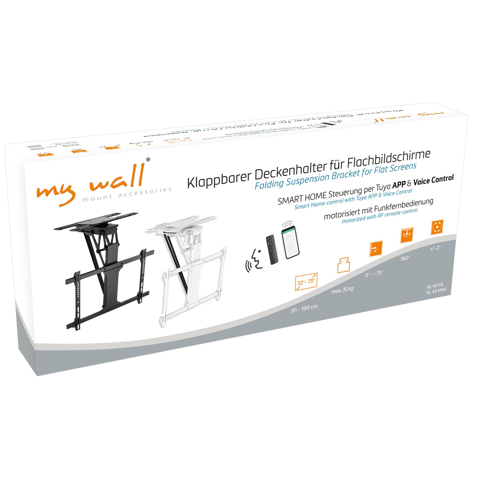 my wall Soporte de Techo para TV motorizado, HL49ML, Smart Home, Compatible con Alexa y Google Home, Control por Voz, Soporte de Techo eléctrico, Plegable, Giratorio, Mando a Distancia o Control por