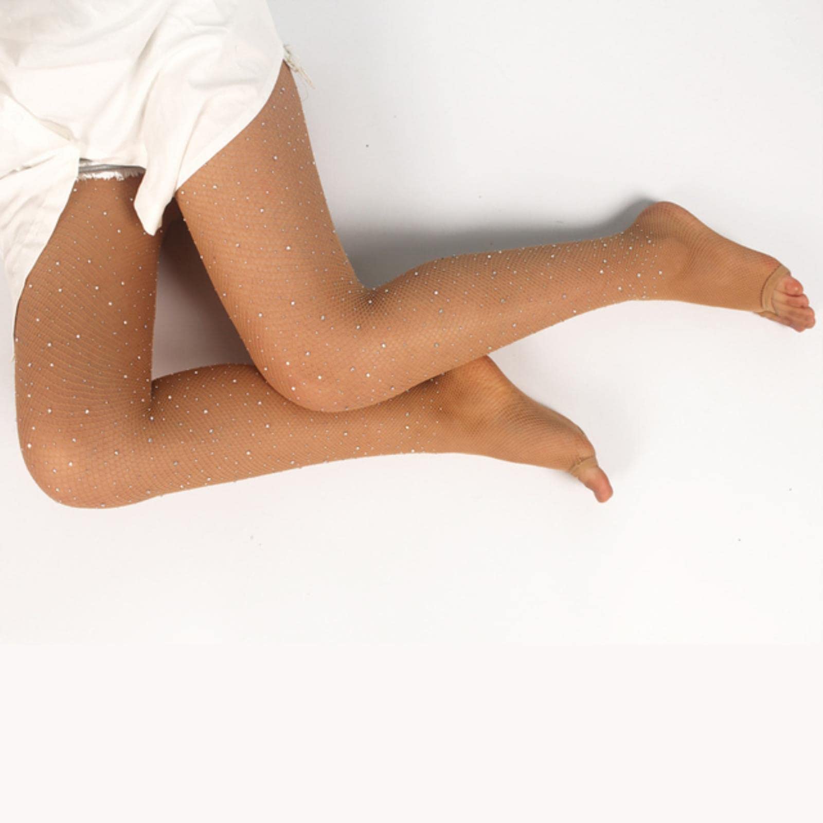 Medias para mujer, lencería de talla grande, medias de red de malla sexy, medias de nailon sin dedos, pantimedias elásticas, medias de señora para salón de baile latino (desnudo con cristal A)
