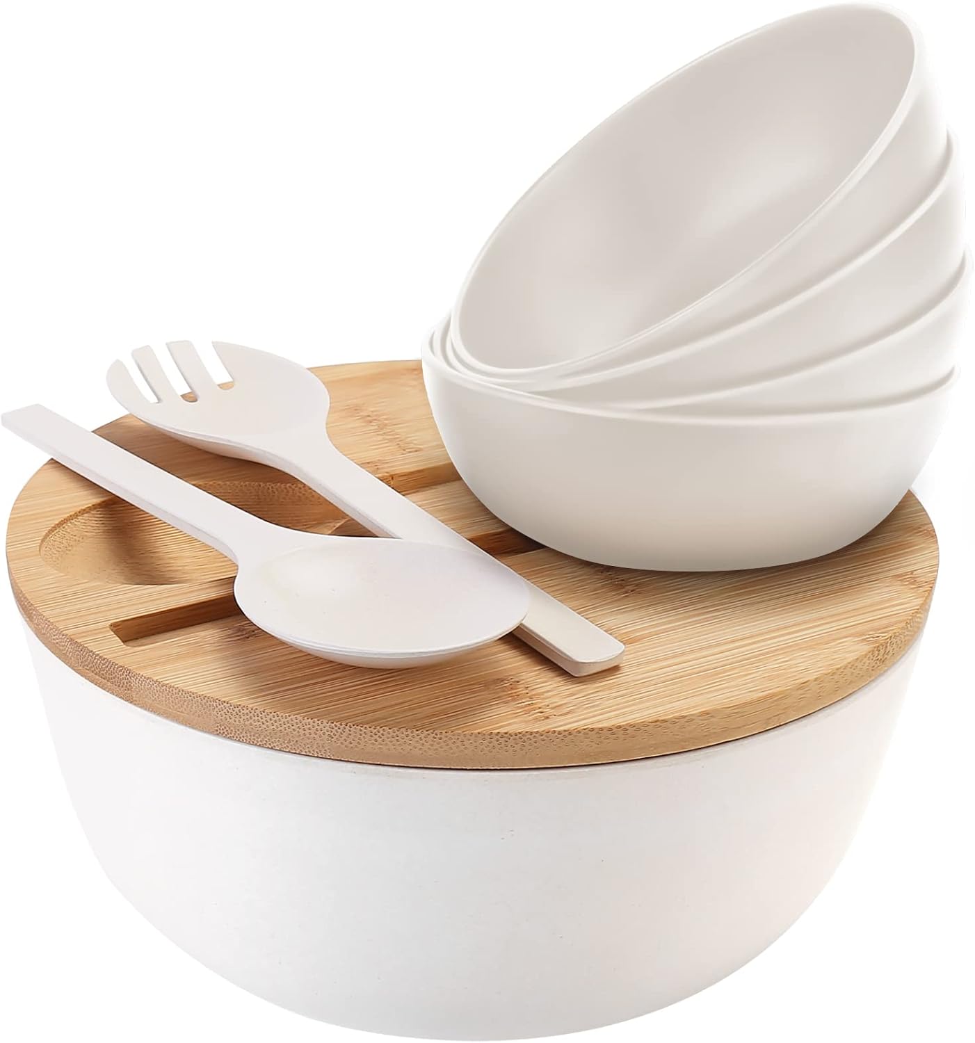 Salad Bowl Set, 9.8inches White Large Salad Bowl with Lid, Bamboo Fiber Salad Serving Bowl with