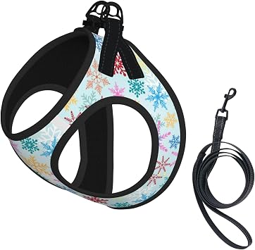 Christmas Multicolored Snowflakes Light New Year Pet Harness Escape Proof Dog Harness Adjustable Mesh Padded Reflective Dog Vest Harness and Leash Set Small