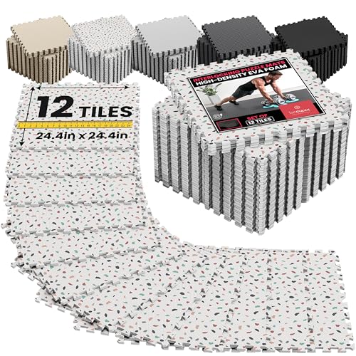 Image of bemaxx Gym Mats Set - 12 pcs EVA Interlocking Foam Floor Tiles (24.4 inchx24.4 inchx0.4 inch) 48 sqft Protective Gym Flooring Sports Home Workout Exercise Mats Puzzle Garage Fitness Play-Room Pool Treadmill Bike
