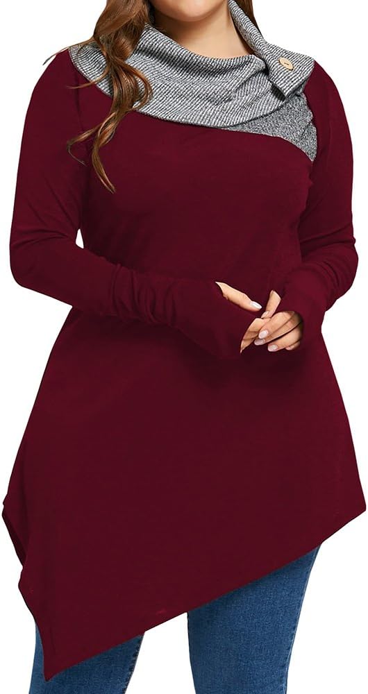 Sibylla Women's Plus Size Striped Turtleneck Thumb Hole Asymmetrical Hem Tunic Top T Shirt Blouse