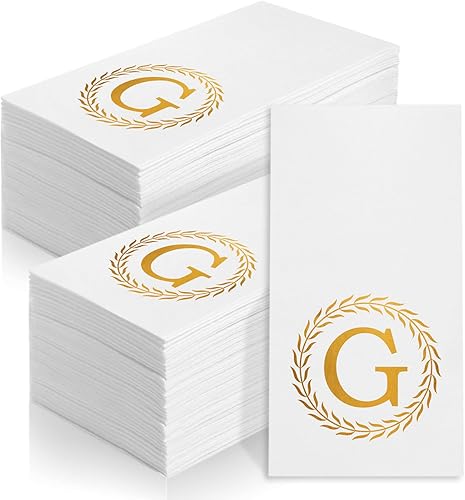 100 servilletas desechables con monograma de oro, toallas de mano decorativas con letra G, servilletas de cena para invitados, toallas de mano con