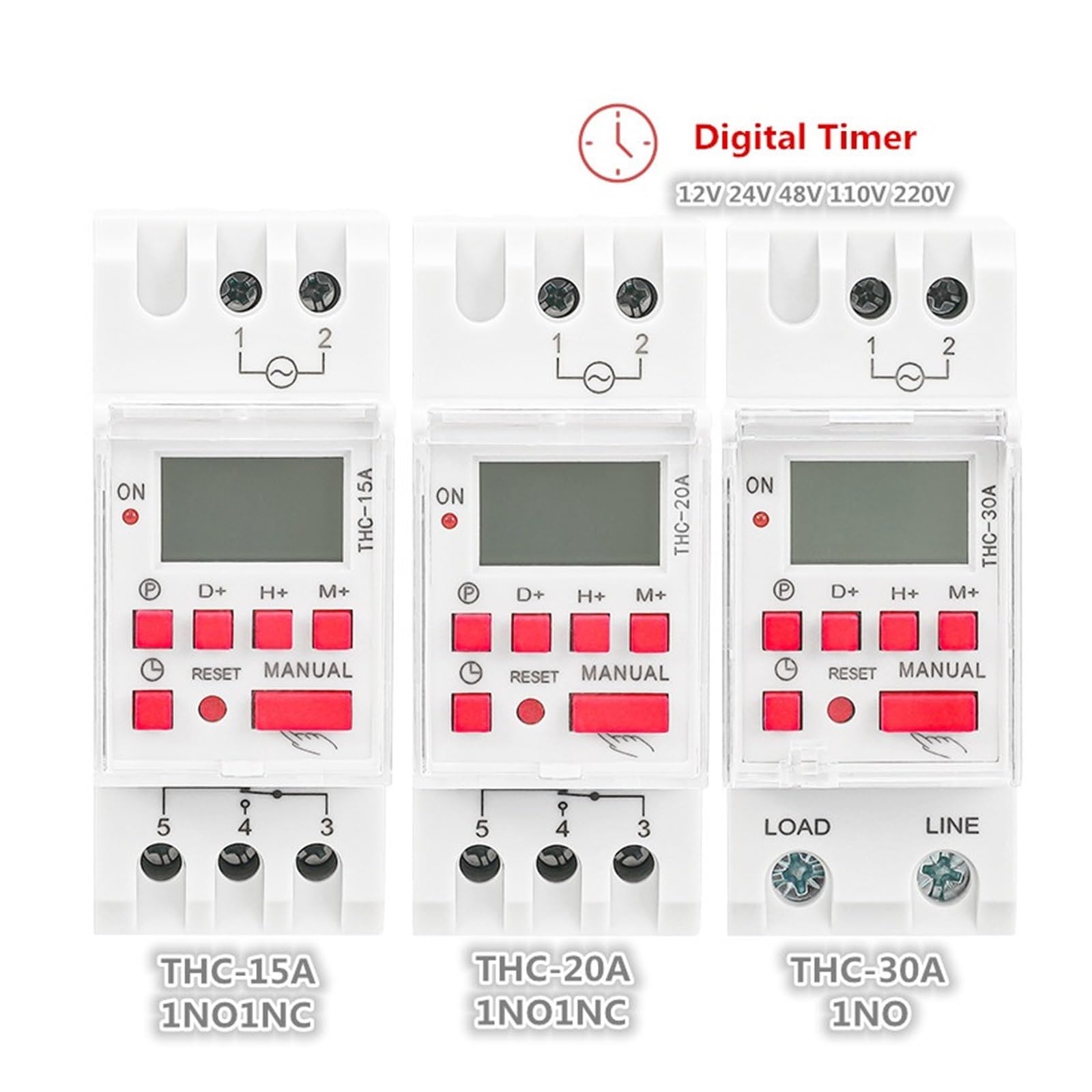 1 sztuk THC 15A 20A 30A wyłącznik czasowy tygodniowy programowalny na szynę DIN LCD cyfrowy wyłącznik czasowy ACDC 12V 24V 110V 220V 240V Lucky (Material : THC-30A-ACDC12V)