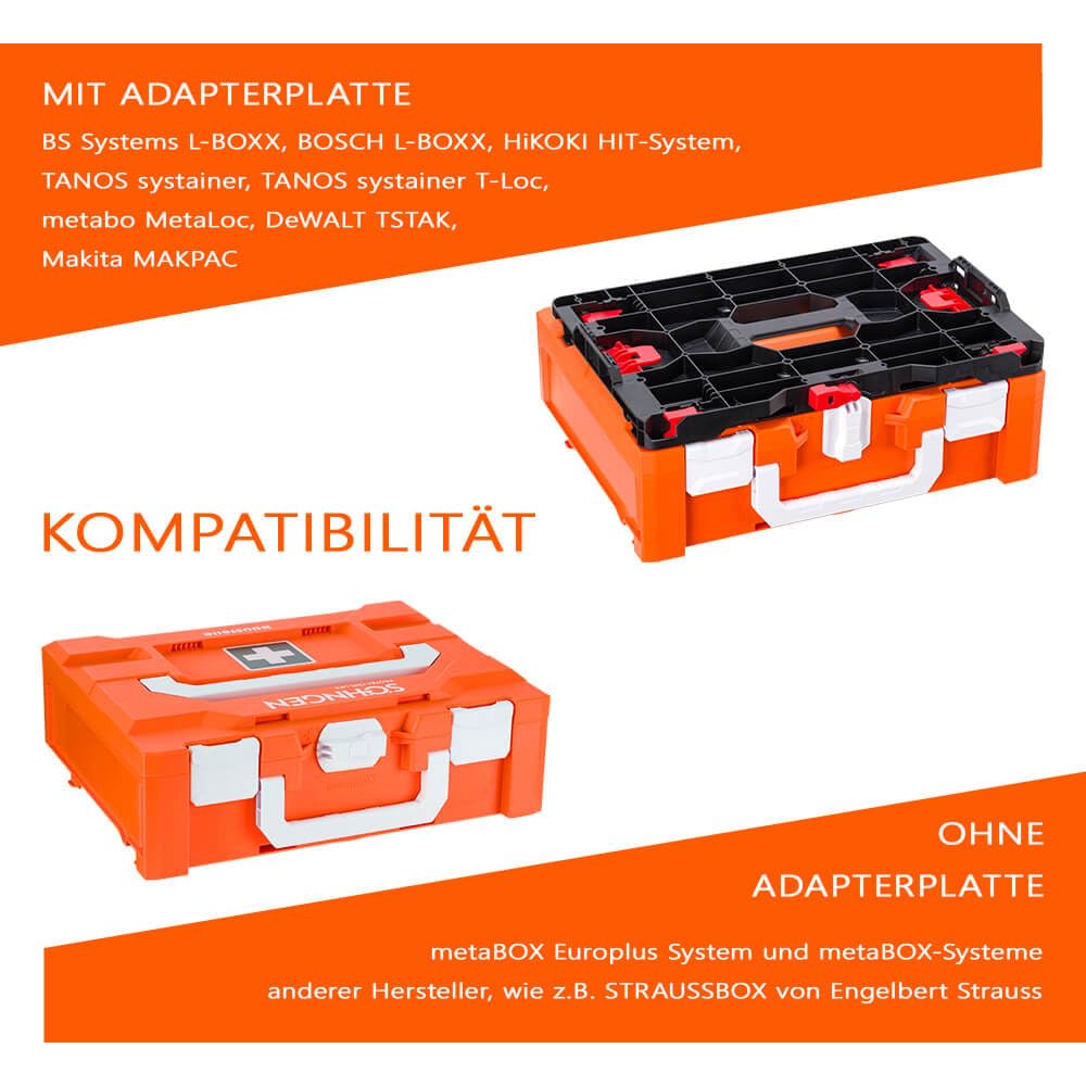 SÖHNGEN® Erste-Hilfe-Koffer metaBOX Baustelle, orange, stapelbar, DIN 13157, Art.-Nr. 390250 | Verbandskasten | Notfallkoffer | Erste Hilfe Kasten