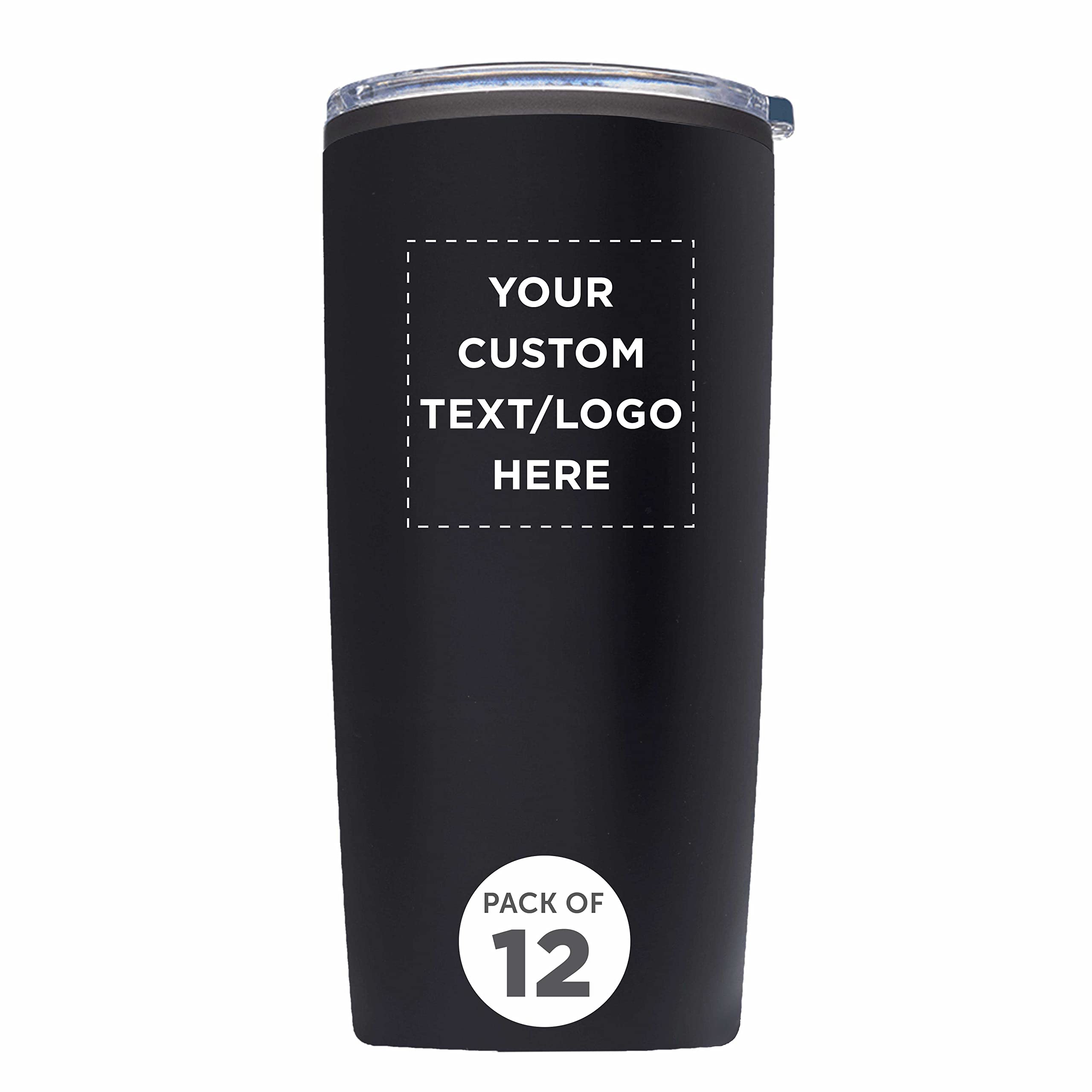 Custom Plastic Tumblers 20 oz. Set of 12, Personalized Bulk Pack - With lids, Ice Coffee Tumbler, To Go Cup, Insulated - Black