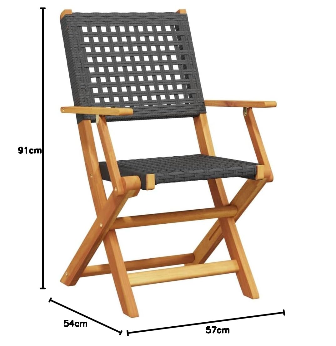 Gartenstühle 2er Set Schwarz, Massivholz Akazie & Poly Rattan, Klappbar, 54x57x91 cm, für Garten, Terrasse, Balkon, Hohe Tragfähigkeit