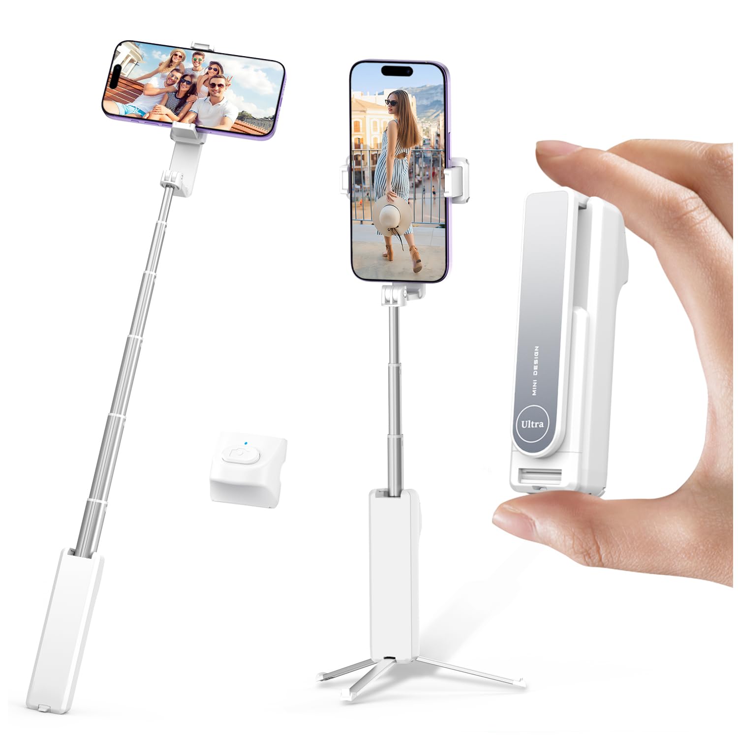 yAyusi Extendable Mini Selfie Stick Tripod with Remote, Pocket Size Portable Tripod for iPhone, Small Compact Phone Selfie Stick Tripods Mount for Travel/Vlog/Video Recording/Live Streaming (White)