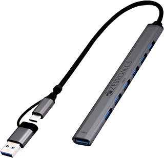 ZEBRONICS 700HB Type C Multiport Adapter with 7 USB Ports, Aluminum Body, Lightweight Design, USB 3.0, Compatible with Lap Price In India