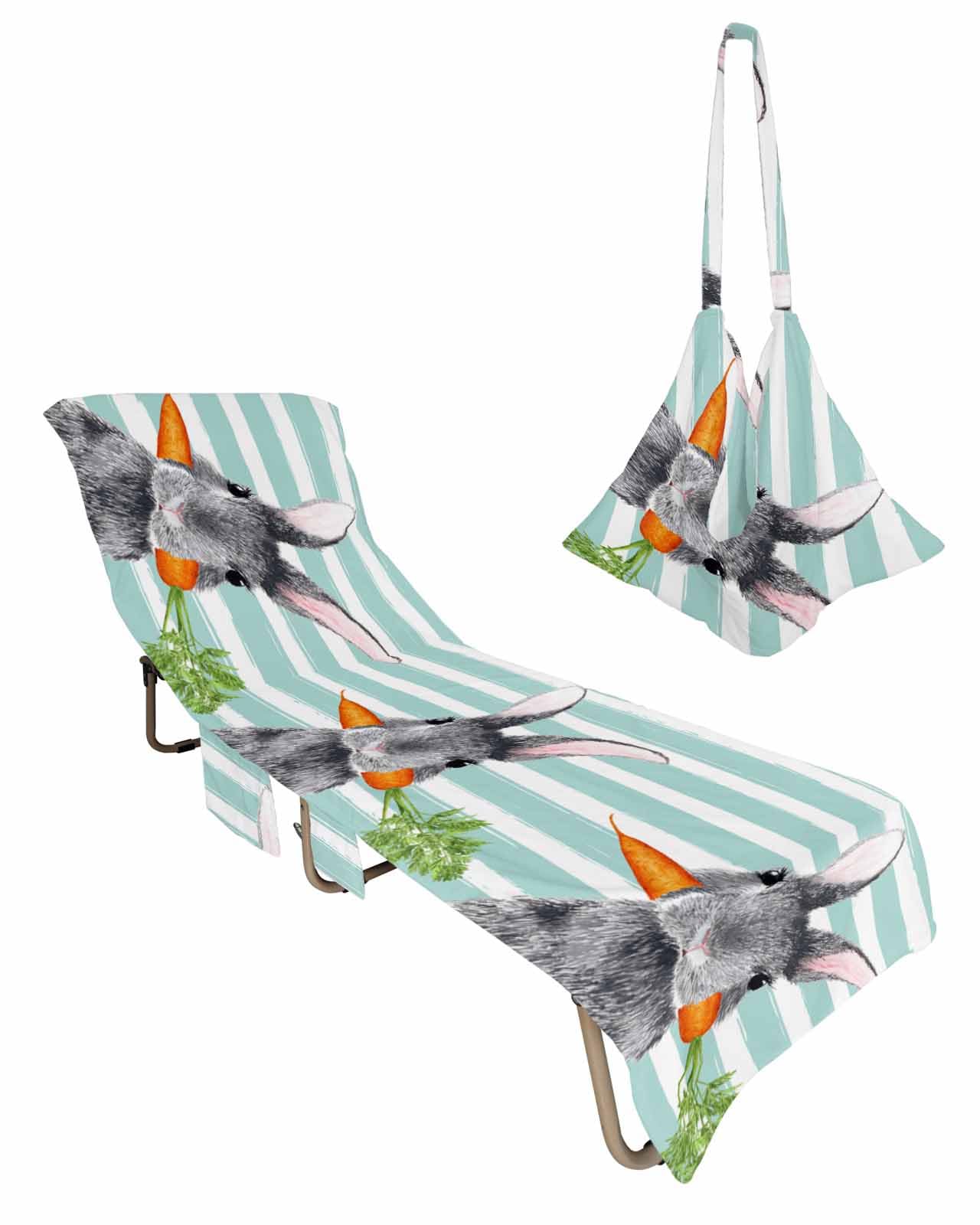 Easter Beach Chair Towel Covers for Chaise Lounge with Side Pocket, Soft Plush Pool Towels Cover for Patio Sunbathing Outdoor 29''x85'' Black Easter Bunny Carrots Stripes Turquoise White
