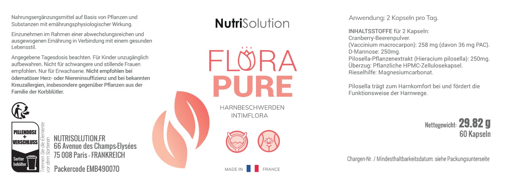 FloraPure von NutriSolution: - Unterstützung der Harnwege – Natürliche Kombination aus Cranberry, D-Mannose und Pilosella – Fördert das Wohlbefinden der Blase und der Harnwege – 60 Kapseln (1)